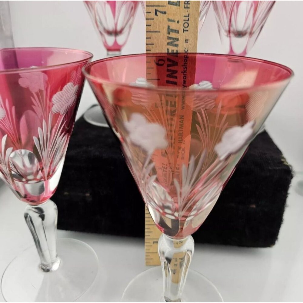 6 Italian Cranberry Glass Cut to Clear Cocktail Glasses 6" Italy floral cut glas - Picture 7 of 8